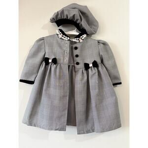 Rose Cottage Baby Girl Dress Coat Hat Black White ribbon roses lace. 18 Months